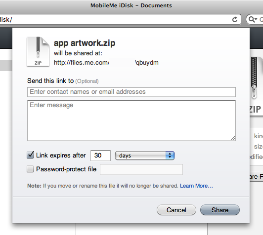 Sharing Files sheet The sheet that slides out after clicking the Share File... button